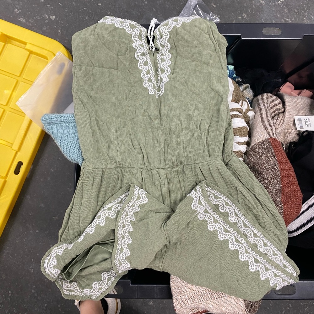 Olive Green Lace-Trim Strapless Jumpsuit